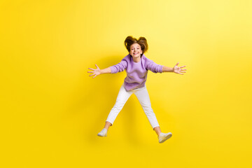 Full length photo of cheerful friendly lady stylish outfit open arm want hug you welcome glad see you isolated on yellow color background