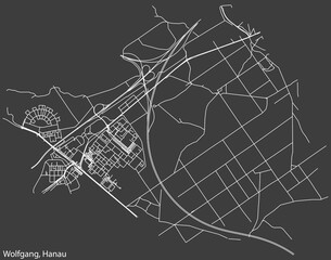 Detailed negative navigation white lines urban street roads map of the WOLFGANG MUNICIPALITY of the German town of HANAU, Germany on dark gray background