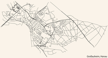 Fototapeta na wymiar Detailed navigation black lines urban street roads map of the GROSSAUHEIM MUNICIPALITY of the German town of Hanau, Germany on vintage beige background