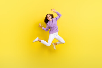 Fototapeta na wymiar Full length photo of cheerful positive lady schoolkid learner stylish jumper rejoice good mark isolated on yellow color background