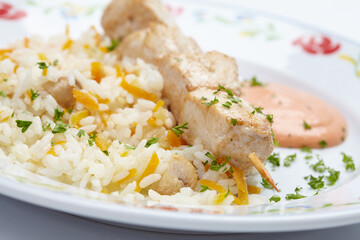 rice with chicken kebab