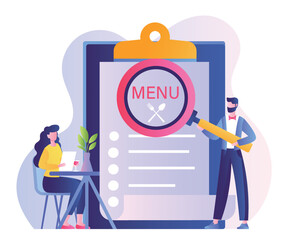 Reading menu concept. Woman sit at table with wine and waiter with magnifying glass offers dishes. Restaurant or cafe, rest after work or study. Poster or banner. Cartoon flat vector illustration