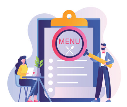 Reading menu concept. Woman sit at table with wine and waiter with magnifying glass offers dishes. Restaurant or cafe, rest after work or study. Poster or banner. Cartoon flat vector illustration