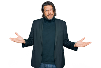 Middle age handsome man wearing business clothes clueless and confused expression with arms and hands raised. doubt concept.