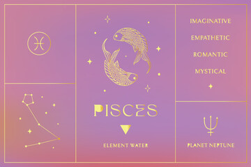 Fototapeta na wymiar Pisces Zodiac Golden Sign Design Illustrations. Esoteric Vector Element, Icon