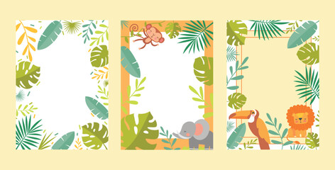 Safari frame set. Collection of graphic elements for website. Jungle and tropical and exotic foliage, floristry and botany concept. Cartoon flat vector illustrations isolated on beige background