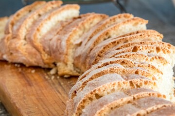 Closeup of fresh bread slices in a buffet