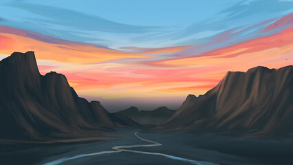 Panorama of sunset in the mountains