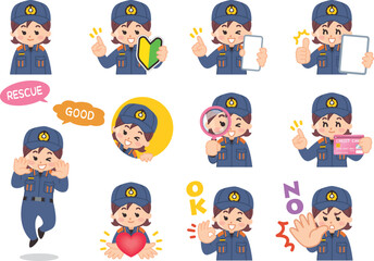 消防士の女性バリエーション　初心者マーク　スマートフォン　タブレット　虫眼鏡　クレジットカード