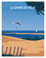 travel poster landscape sand dune with a blue sky with clouds, and paragliding on Dune du Pilat, Arcachon, France. vector illustration with flat style for poster, postcard, card, bakground, art print. - obrazy, fototapety, plakaty