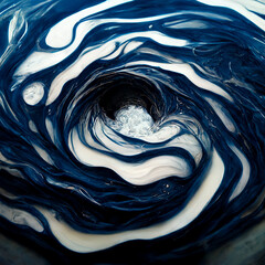 top view of a sea whirlpool or maelstrom with impressive spiral effect formed by waves of sea blue water and white foam - abstract painting with pigment for a wallpaper background
