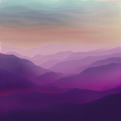Fototapeta premium misty colorful landscape at sunset in the mountains with purple, pink and violet colors with turquoise in the sky - illustration in watercolor style for the artistic background of wallpaper or banner