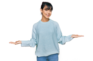 Young hispanic woman wearing casual clothes smiling showing both hands open palms, presenting and advertising comparison and balance