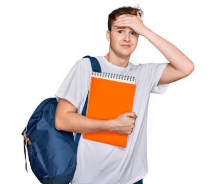 Young caucasian man wearing student backpack and holding books stressed and frustrated with hand on head, surprised and angry face - Powered by Adobe