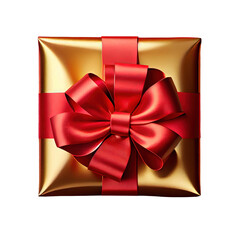 Top view of Christmas presents wrapped in gold paper with red ribbon and bow decoration isolated against a transparent background