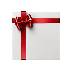 Top view of Christmas presents wrapped in white paper with red ribbon and bow decoration isolated against a transparent background