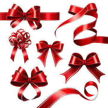 A collection of curly red ribbon and bow Christmas and birthday present banner sets isolated against a transparent background.