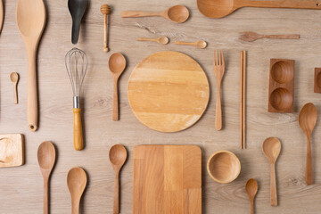 kitchen utensils for cooking on the wooden table, food prepare concept