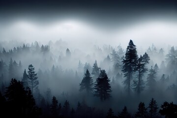dark forest covered by dense fog