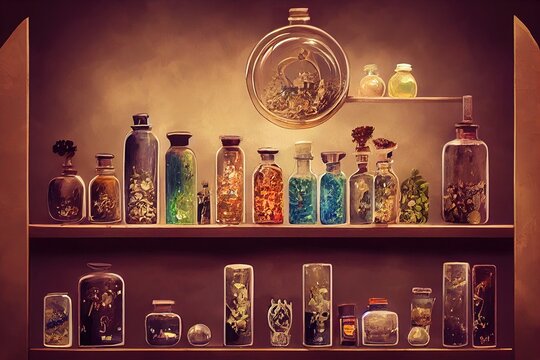 cozy alchemic room with shelves on wall, potions and vials