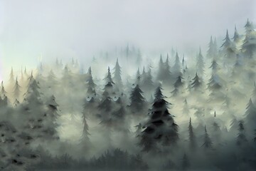 foggy forest spooky trees hidden in dense fog