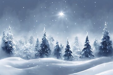 Snow winter landscape. Christmas skyline first star