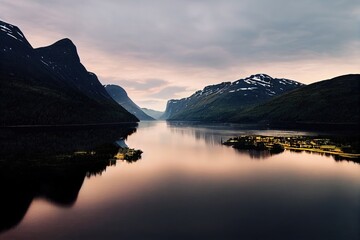 Fototapeta premium Summer view of cold waters lake, dark landscape