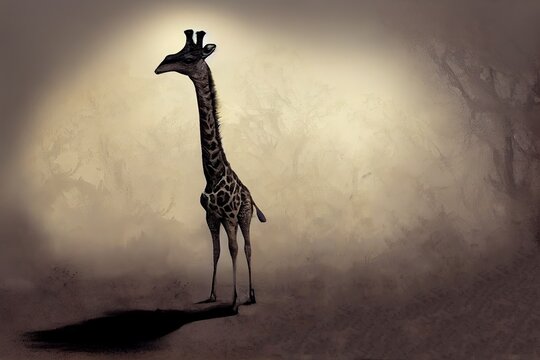 surreal girrafe in sepia style, stain of warm light as background