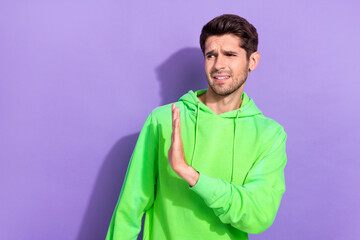 Photo of funny dissatisfied young student showing stop sign dont like this vacancy looking empty...