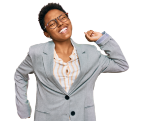 Young african american woman wearing business clothes stretching back, tired and relaxed, sleepy and yawning for early morning