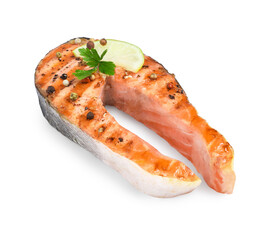 Tasty salmon steak with lemon, peppercorns and parsley isolated on white