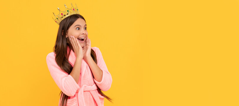 amazed princess beauty. selfish kid wear diadem. queen child in cozy sleepwear. Child queen princess in crown horizontal poster design. Banner header, copy space.