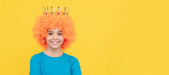 happy teen girl in fancy clown wig wear queen crown, girlish. Funny teenager child in wig, party poster. Banner header, copy space.