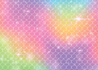 Rainbow scales background with kawaii mermaid princess pattern.