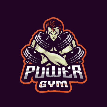 Power Gym Macot Logo Template, Cool Logo Of A Man Lifting A Barbell