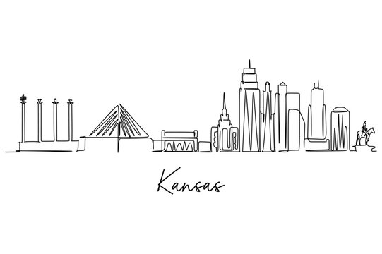 One continuous line drawing of Kansas city skyline. Beautiful landmark. World landscape tourism travel home wall decor poster print. Stylish single line draw graphic design vector illustration