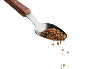 Pouring instant coffee from spoon on white background