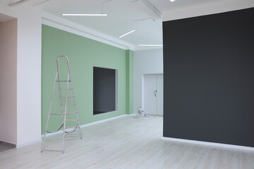 Empty room with green wall and ladder during repair