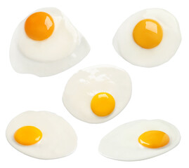 Set with tasty fried eggs on white background