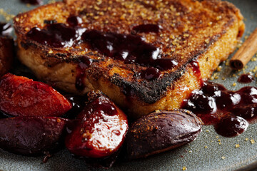 French toast with baked plums, served on a plate. Close up view.