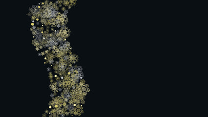 Glitter snowflakes frame on white horizontal background. Shiny Christmas and New Year frame for gift certificate, ads, banners, flyers. Falling snow with golden glitter snowflakes for party invite