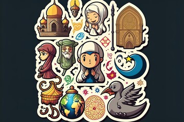 Sticker Illustration Of Islamic Religious Symbols And Cartoon Characters
