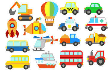 Set of vehicles. Vector illustration of toy cars in a flat style.