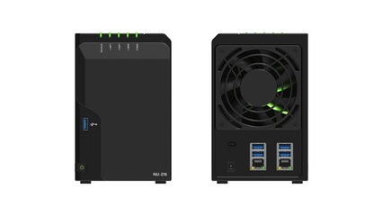 Black NAS (Network attached storage) with 2 bays, front and rear orthographic view on white background. 3D Rendering - obrazy, fototapety, plakaty
