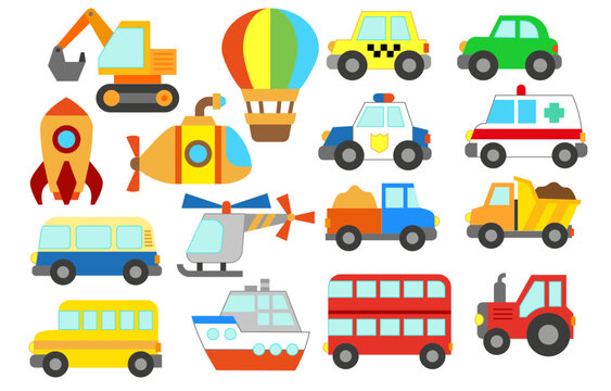 Set of vehicles. Vector illustration of toy cars in a flat style. © Nataliia