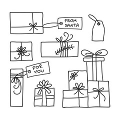 Christmas gifts with tags clipart. Winter presents hand drawn doodle vector set.