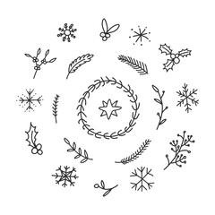 Christmas and winter doodle hand drawn plants, star, snowflakes in circle wreath decoration.