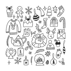 Christmas doodle hand drawn vector clipart. Winter elements and symbols illustration set.