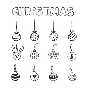 Christmas balls and baubles hand drawn doodle clipart set.