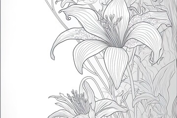 Hand Drawn Mono-Line Floral Lily Background Design. Generative AI
